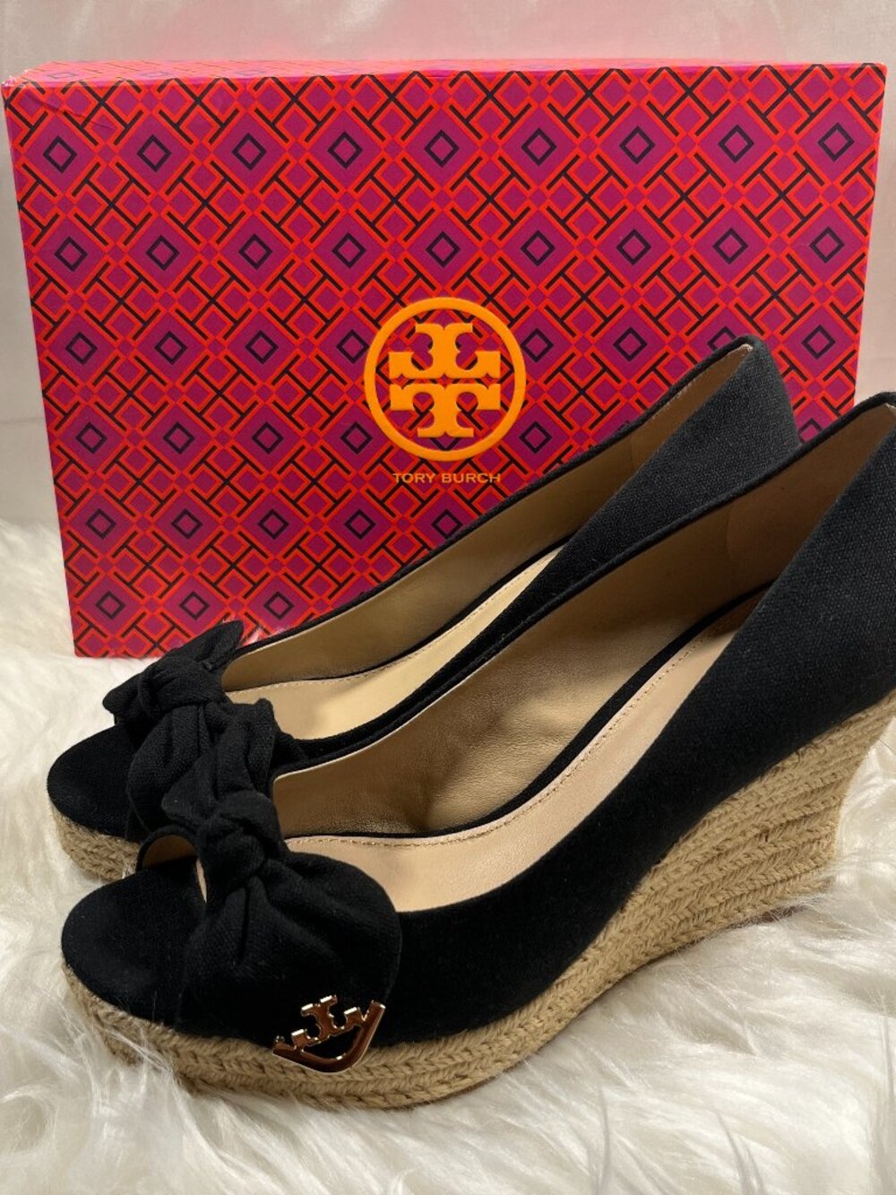 Tory Burch Dory 85mm Wedge Espadrille Black Canvas Size 9.5